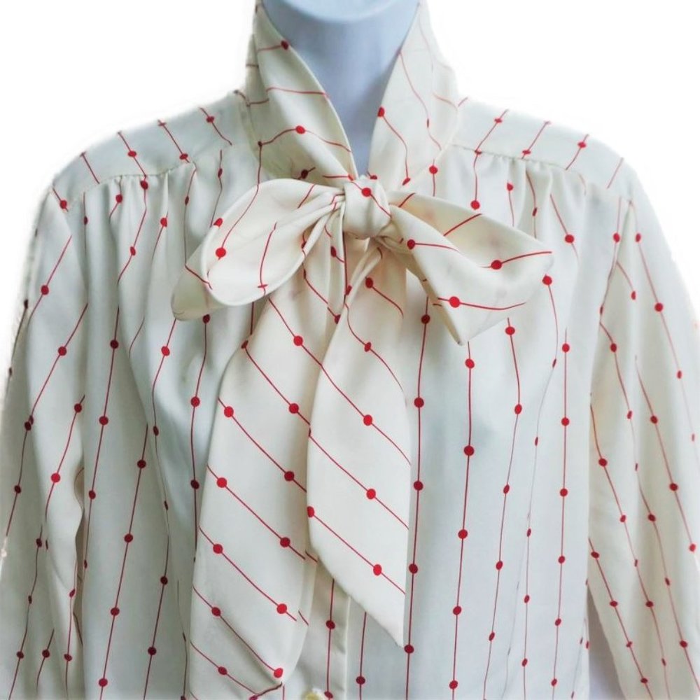 Vintage 70s Blouse Cream High Neck Tie Shirred Shoulder Yokes Red Stripe Dots L